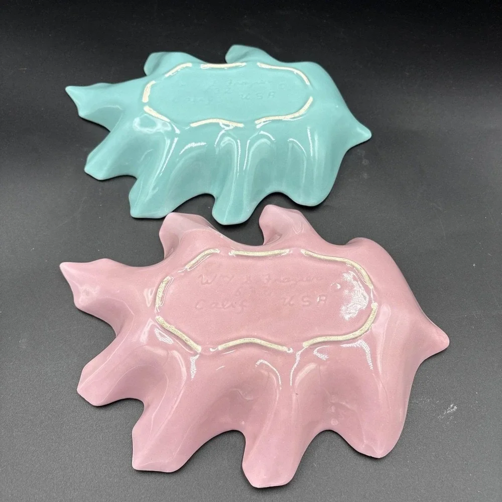 CA Pottery Leaf Dish Set 2  Pink &Turquoise Blue Gold Trim USA VTG  #632 MCM 10